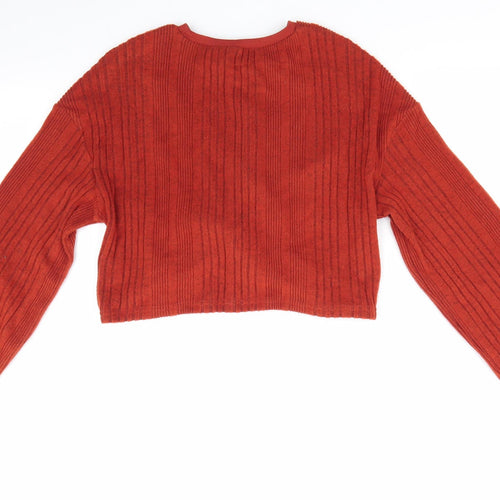 SheIn Womens Orange Striped  Pullover Jumper Size S  - Dark Orange Cropped Ruched Crossover Hemline