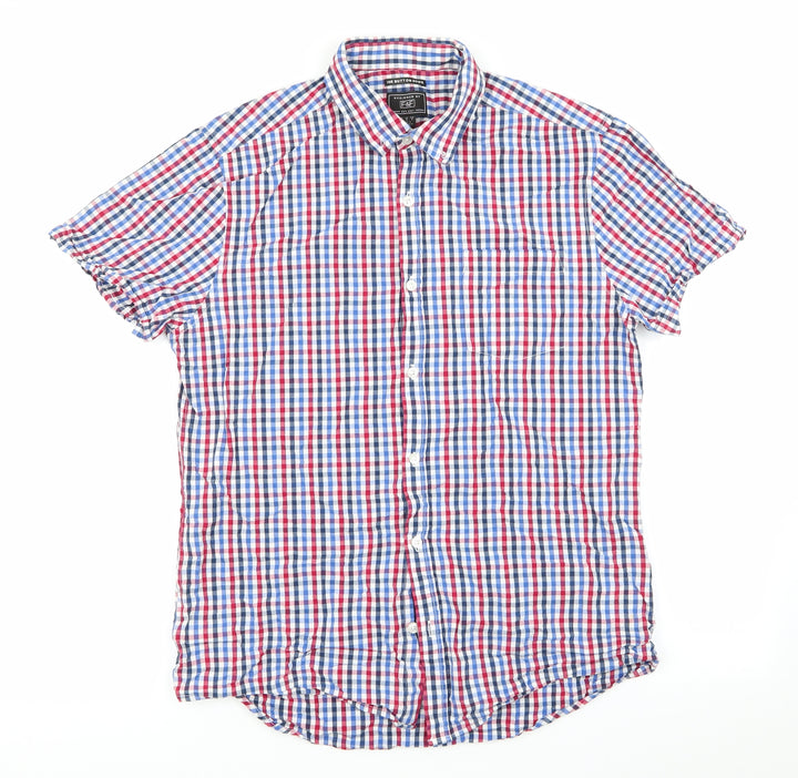 Florence and Fred Mens Blue Check   Button-Up Size M  - Buttoned Collar Red Blue White Check