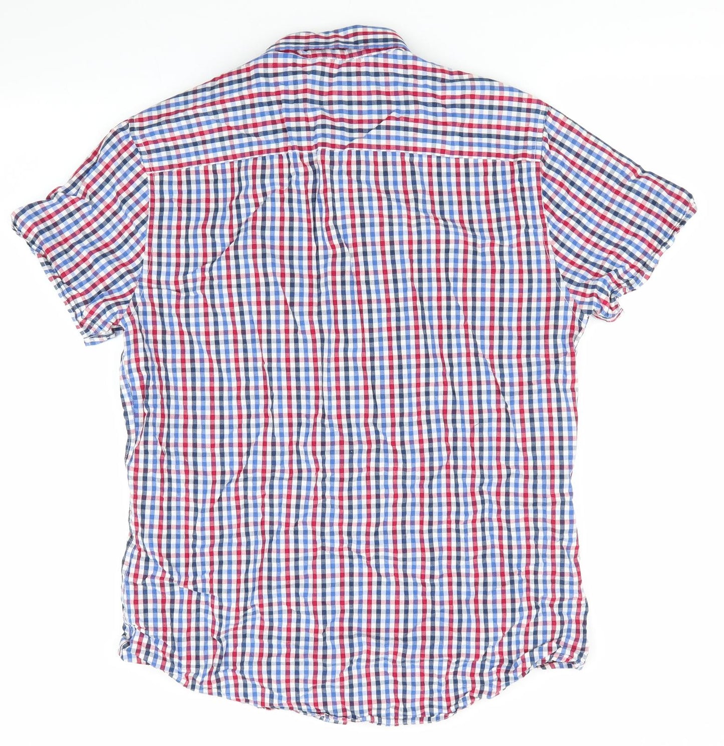 Florence and Fred Mens Blue Check   Button-Up Size M  - Buttoned Collar Red Blue White Check