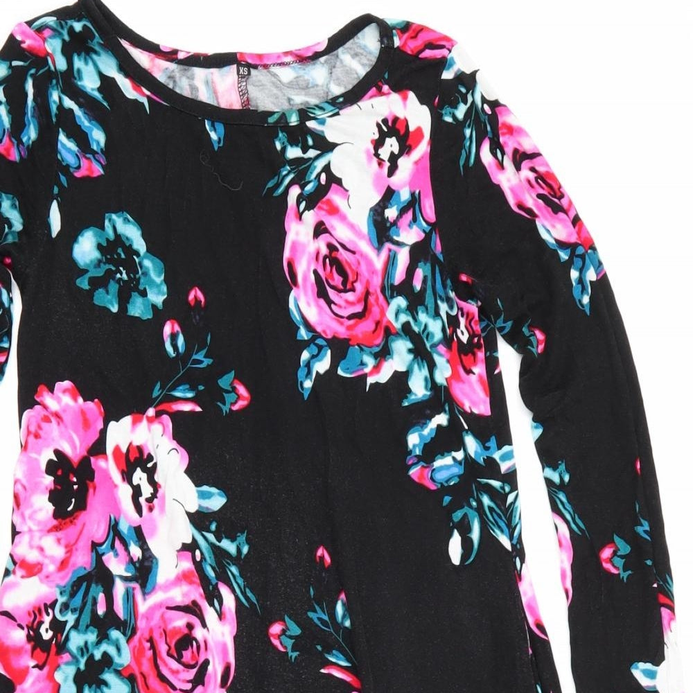 Preworn Womens Black Floral Jersey Fit & Flare  Size XS  - pink & blue flowers