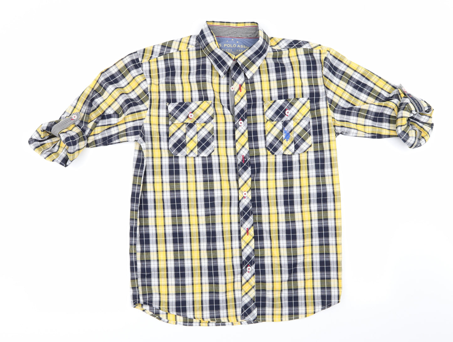 US Polo Association Womens Yellow Check  Basic Button-Up Size 14  - Blue & Yellow Adjustable Length Sleeves