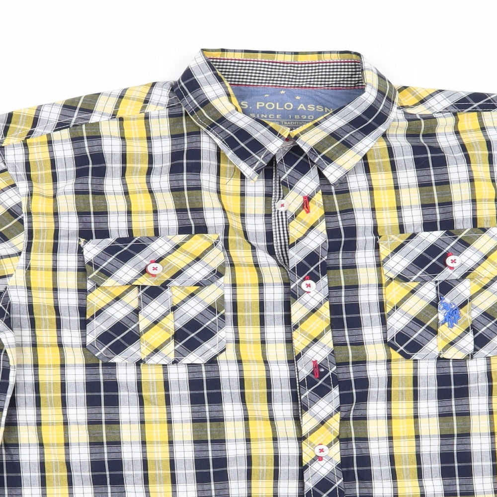 US Polo Association Womens Yellow Check  Basic Button-Up Size 14  - Blue & Yellow Adjustable Length Sleeves