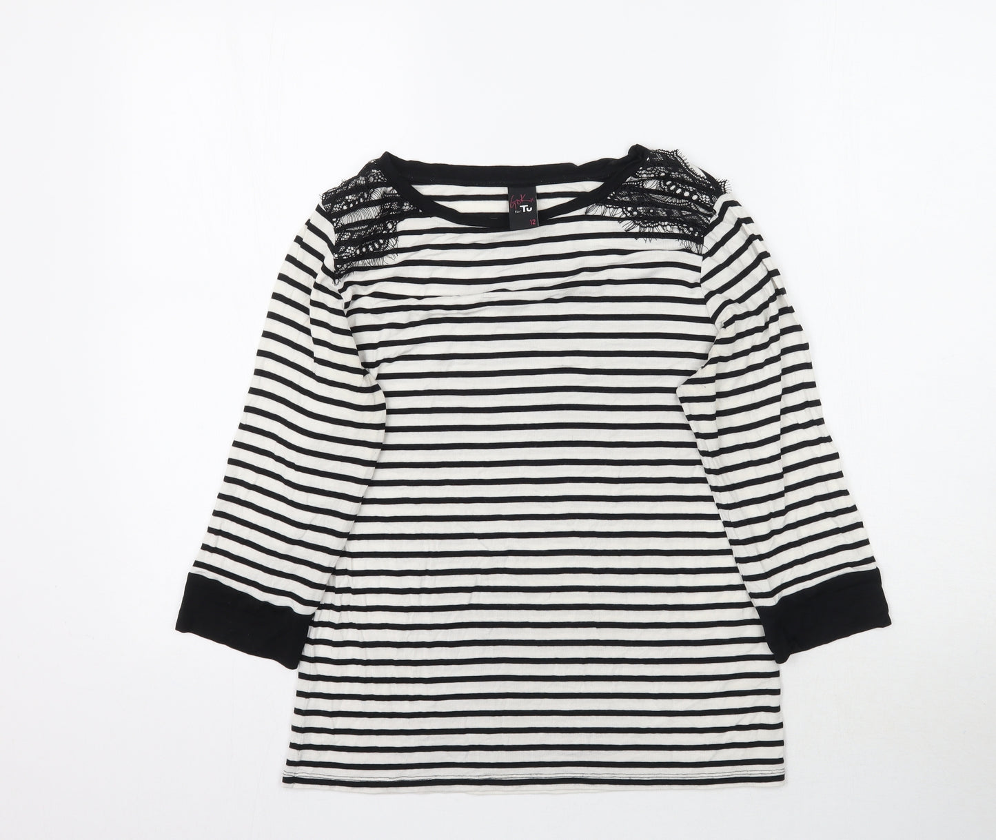 TU Womens White Striped  Basic T-Shirt Size 12