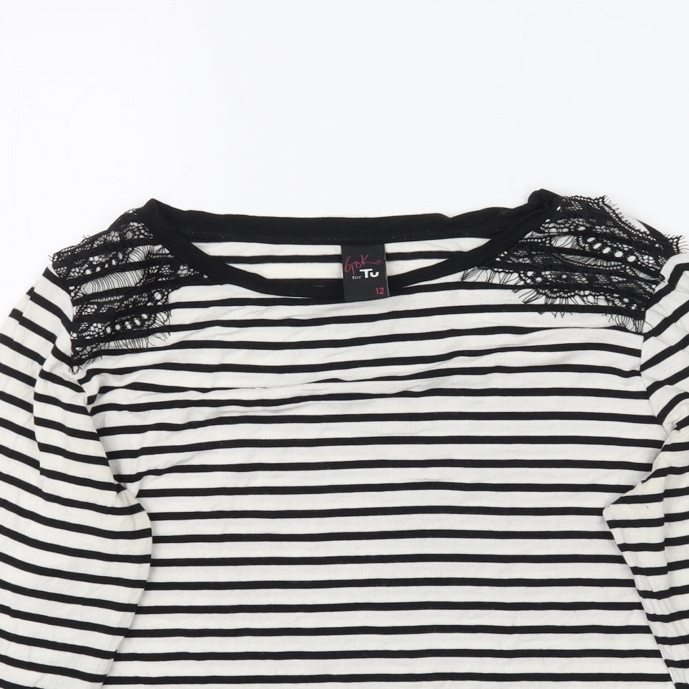 TU Womens White Striped  Basic T-Shirt Size 12