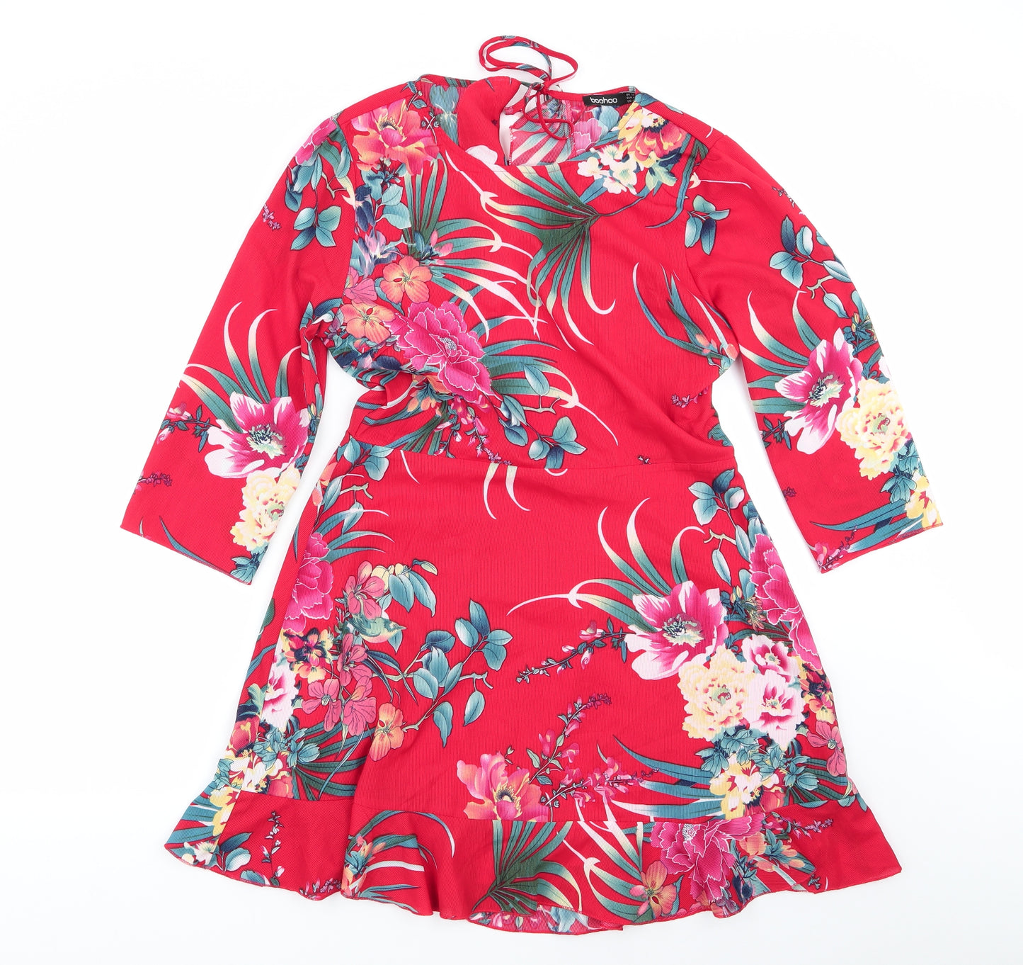 Boohoo Womens Red Floral  Fit & Flare  Size 14
