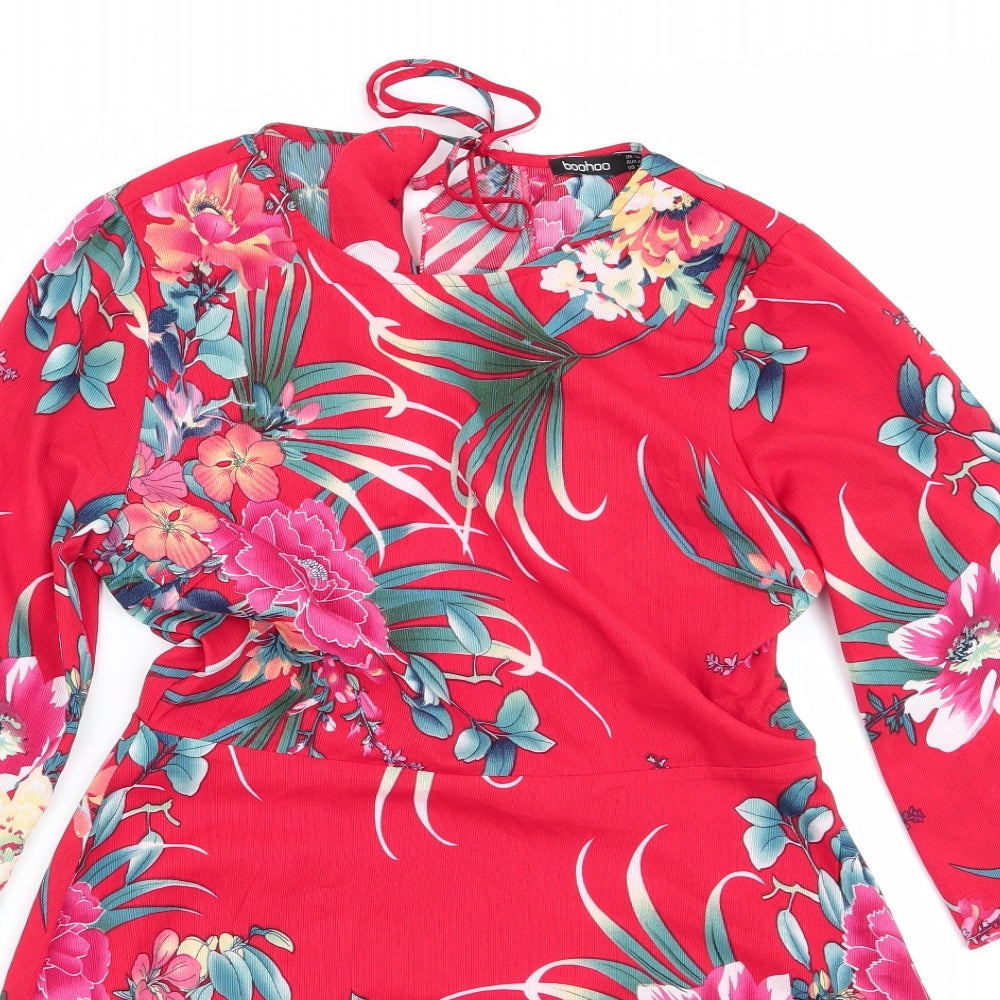 Boohoo Womens Red Floral  Fit & Flare  Size 14