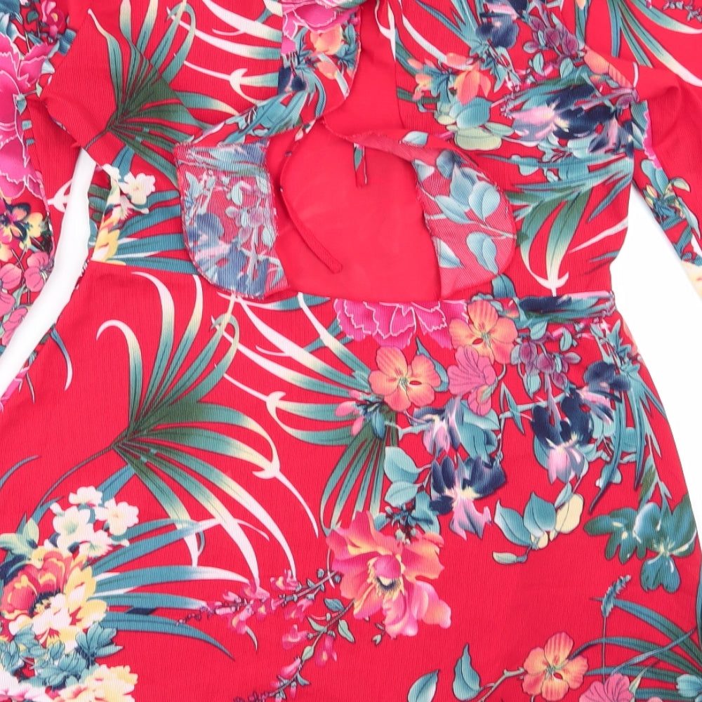 Boohoo Womens Red Floral  Fit & Flare  Size 14