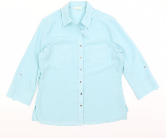 Front view of Marks & Spencer women’s blue basic button-up, size UK 12