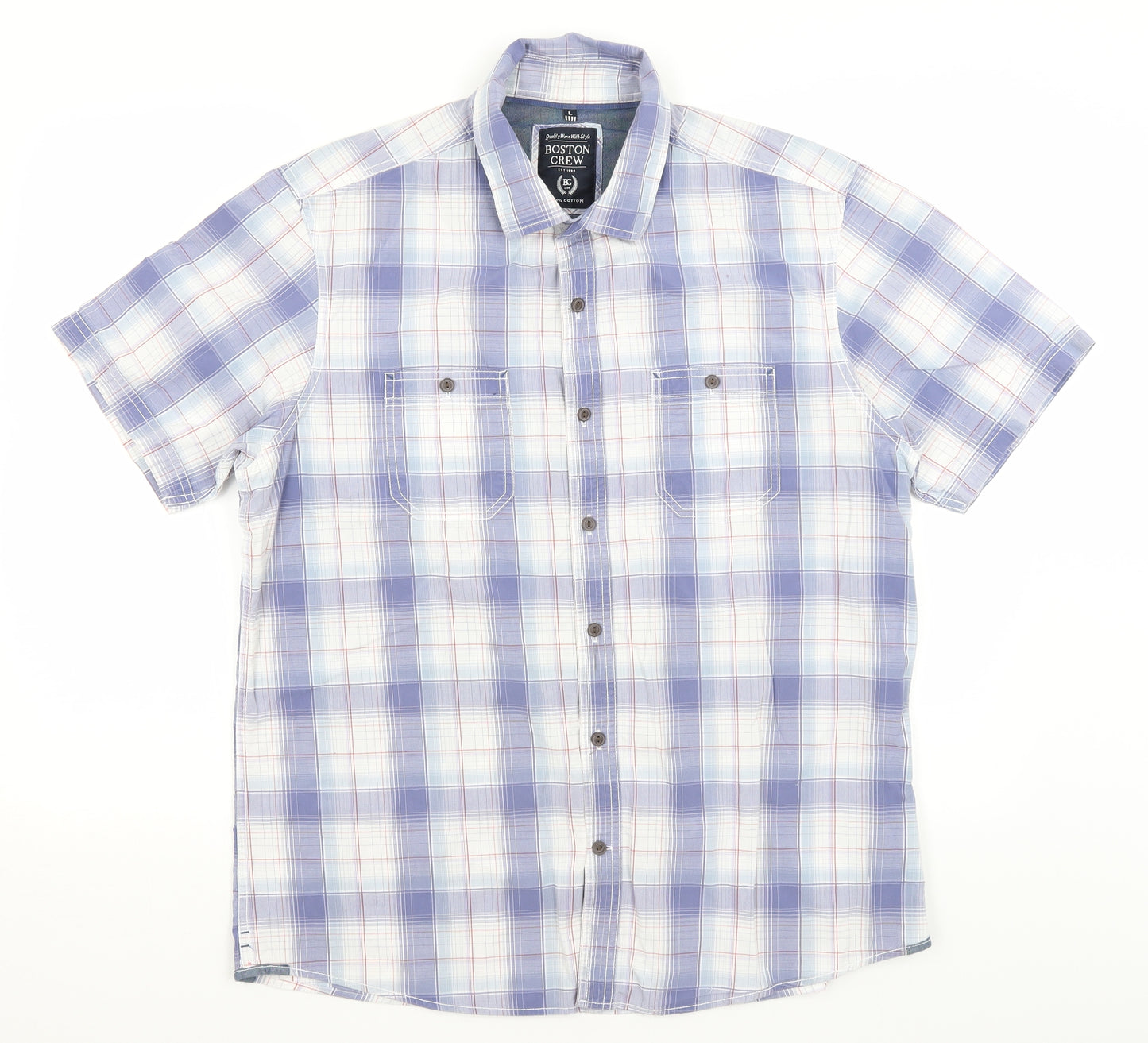 Boston Crew Mens Blue Plaid   Button-Up Size L