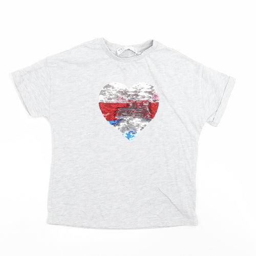 Marks and Spencer Girls Grey   Basic T-Shirt Size 9-10 Years  - sequin heart