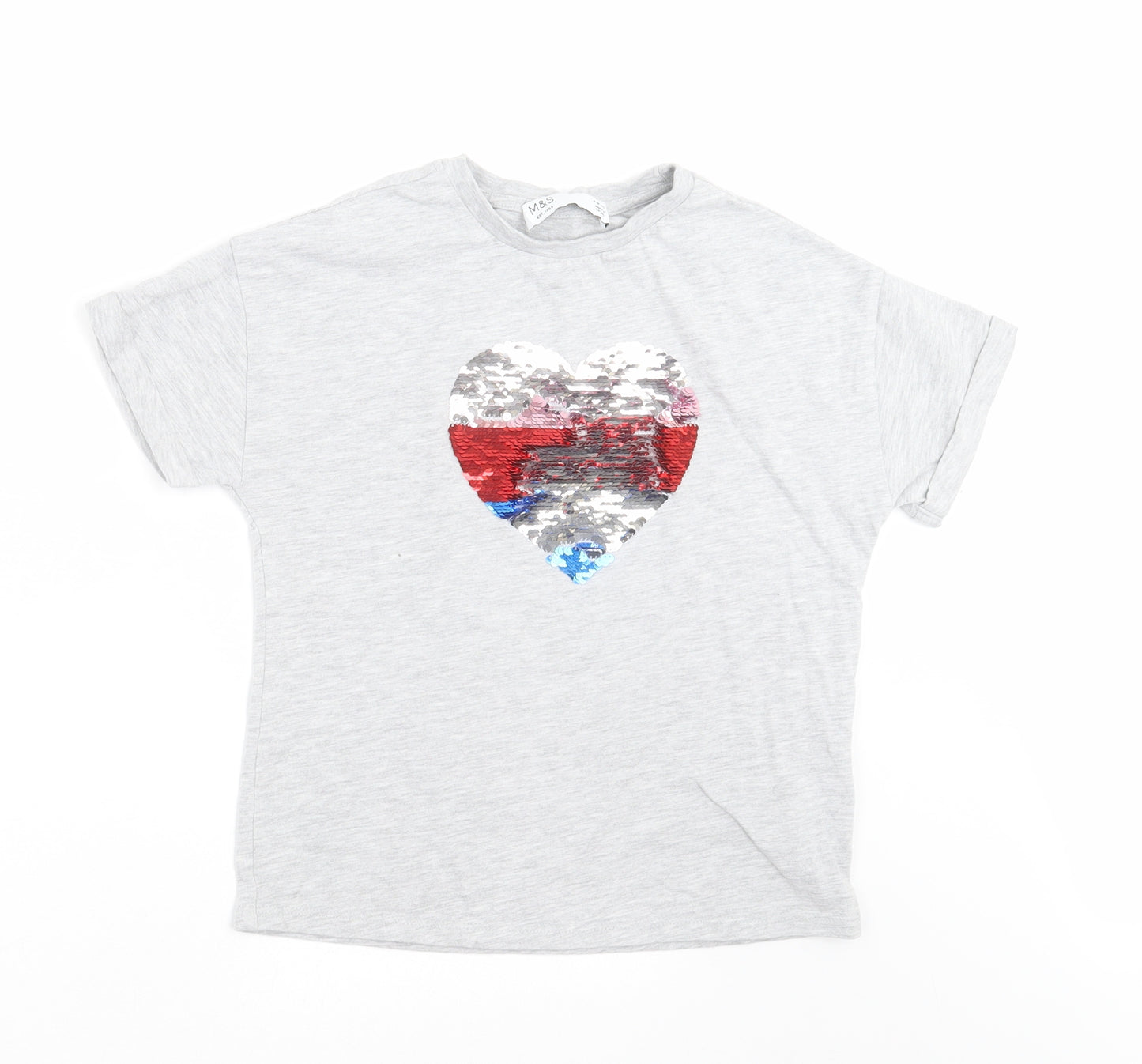 Marks and Spencer Girls Grey   Basic T-Shirt Size 9-10 Years  - sequin heart