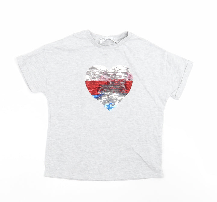 Marks and Spencer Girls Grey   Basic T-Shirt Size 9-10 Years  - sequin heart