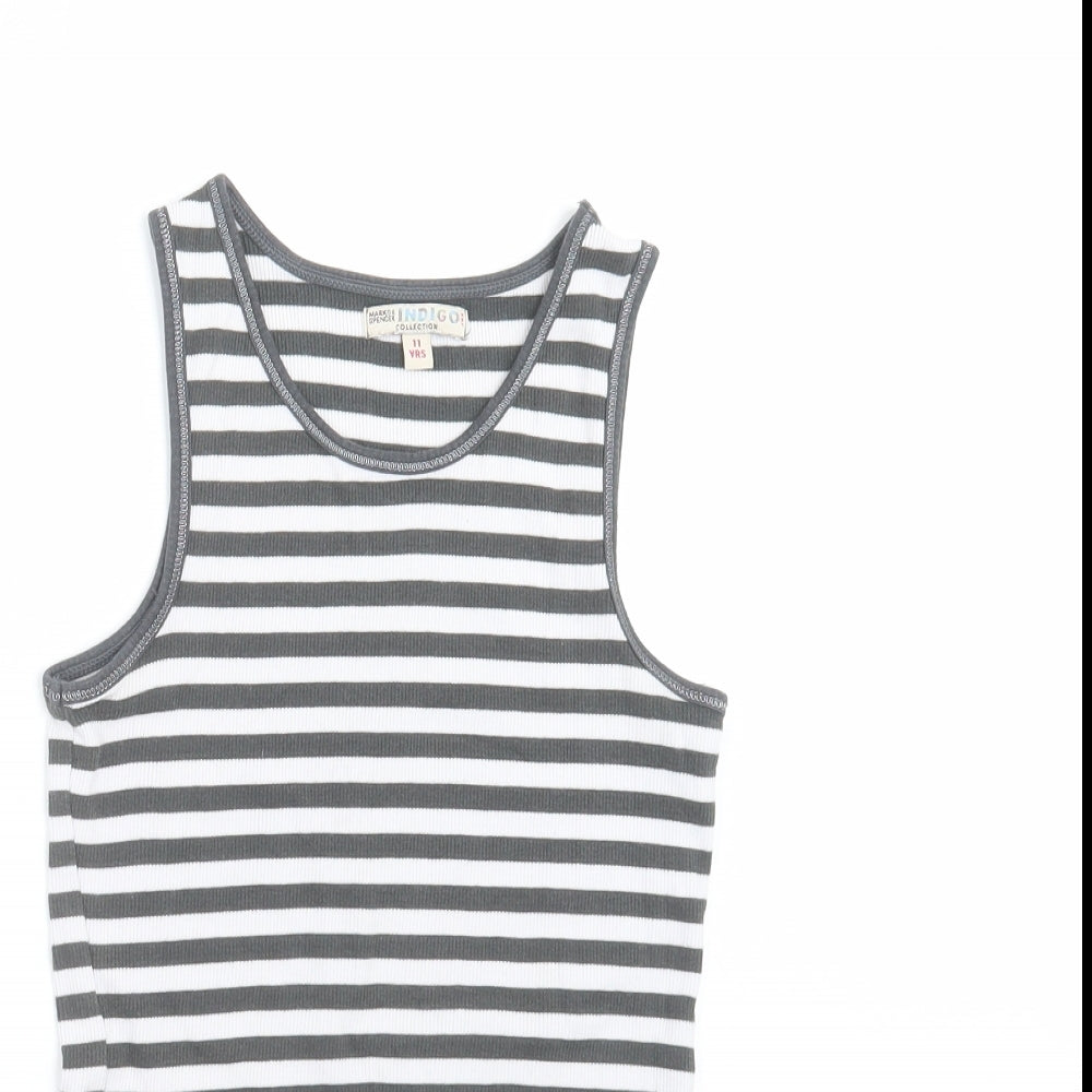 Marks and Spencer Girls Grey Striped  Basic Tank Size 11 Years