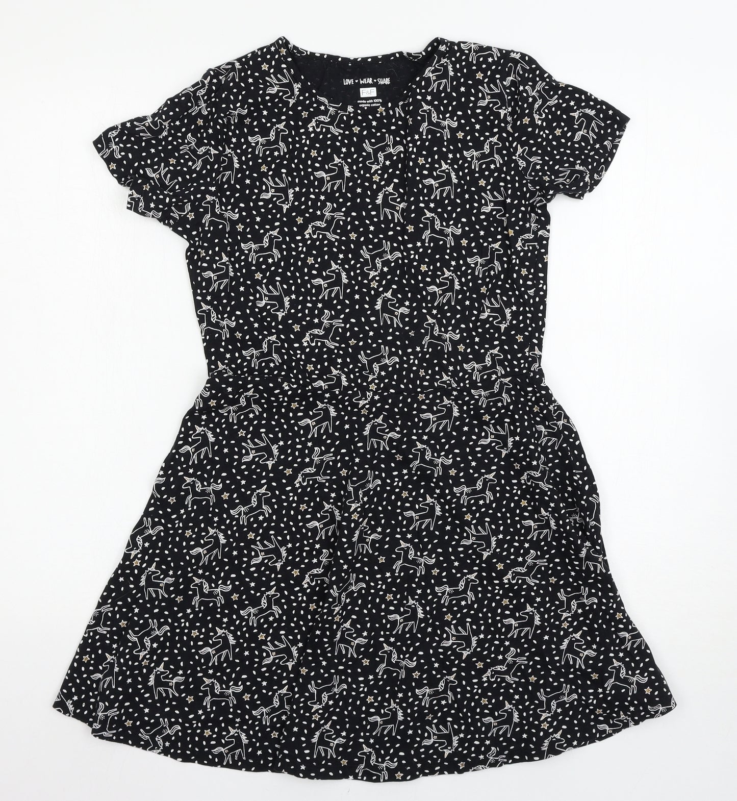F&F Girls Black Spotted  T-Shirt Dress  Size 13-14 Years