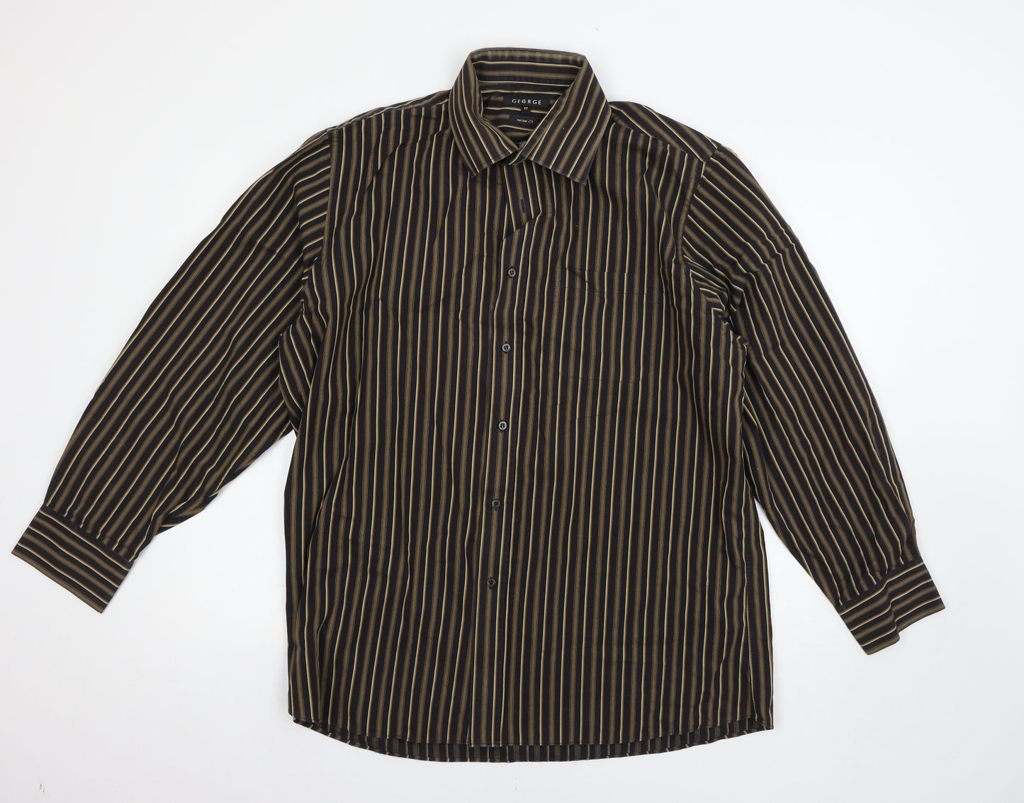 George Mens Brown Striped   Button-Up Size 17