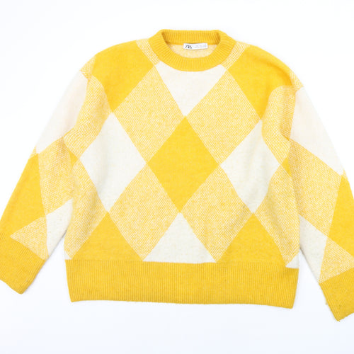 Zara Womens Yellow Geometric  Henley Jumper Size L