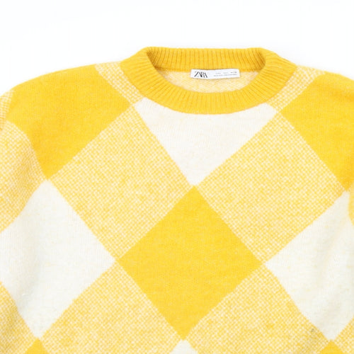 Zara Womens Yellow Geometric  Henley Jumper Size L