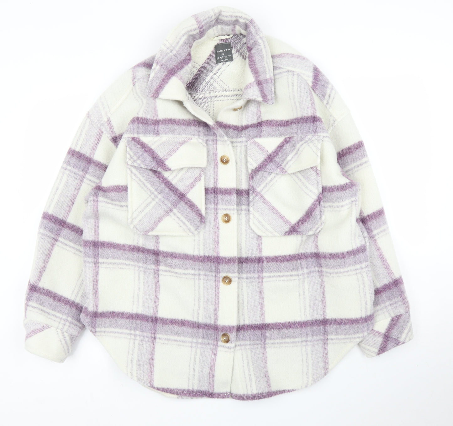 Primark Womens White Plaid Fleece Basic Button-Up Size 14