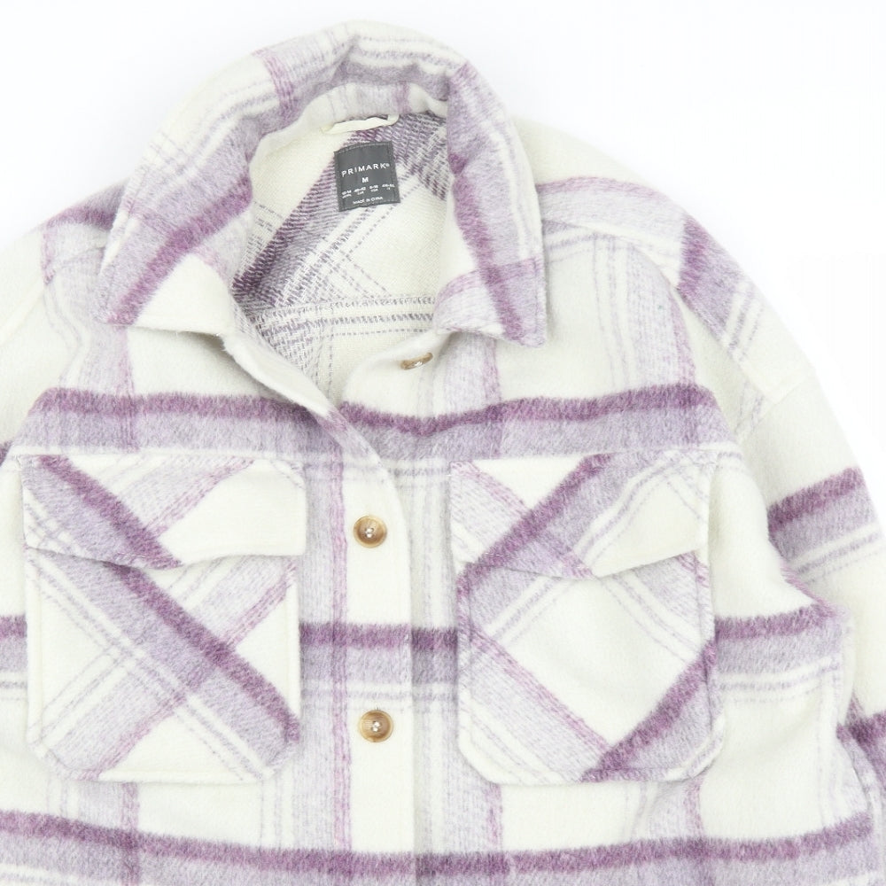 Primark Womens White Plaid Fleece Basic Button-Up Size 14