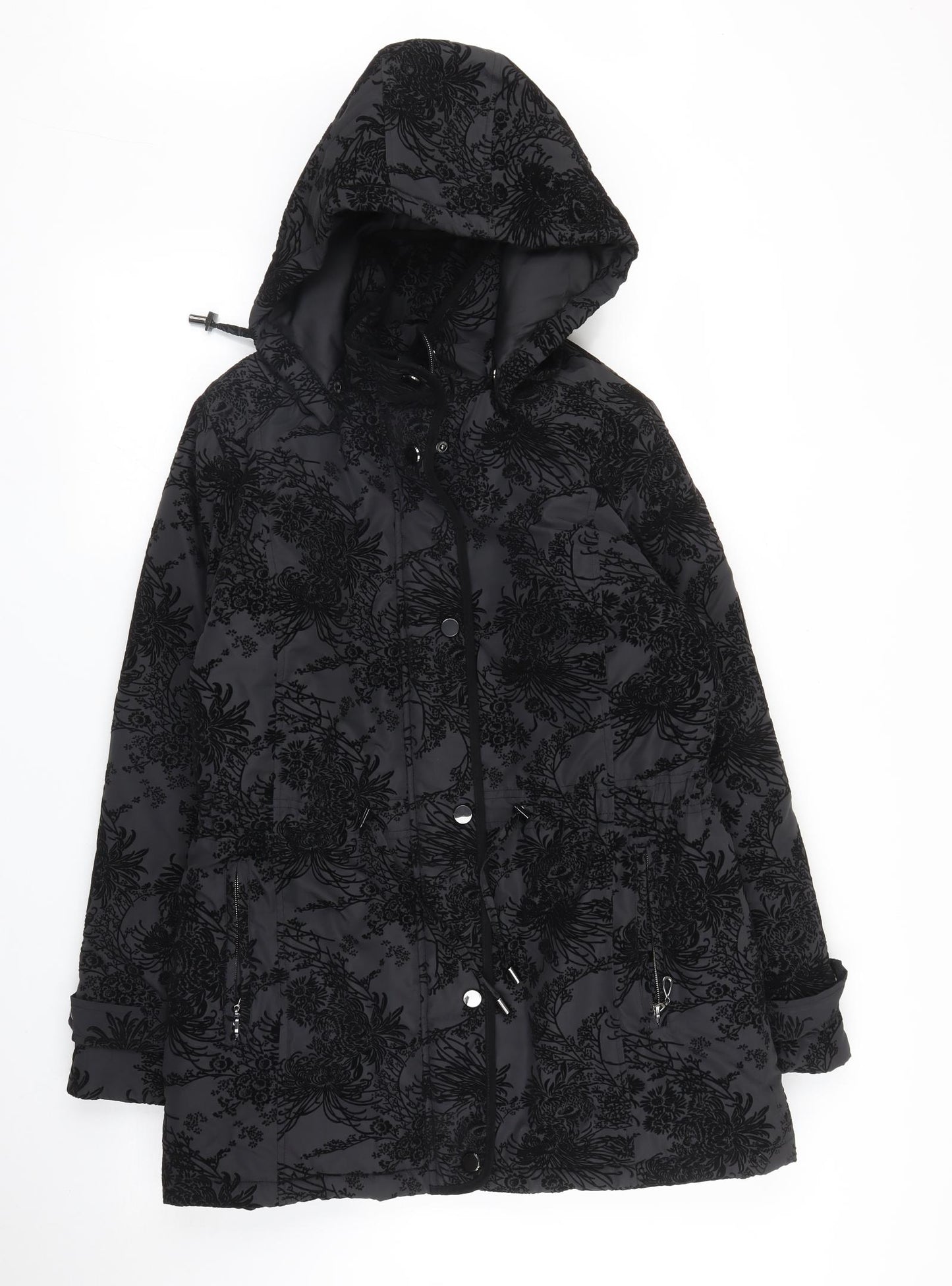 Finesse Womens Black Floral  Parka Coat Size 10