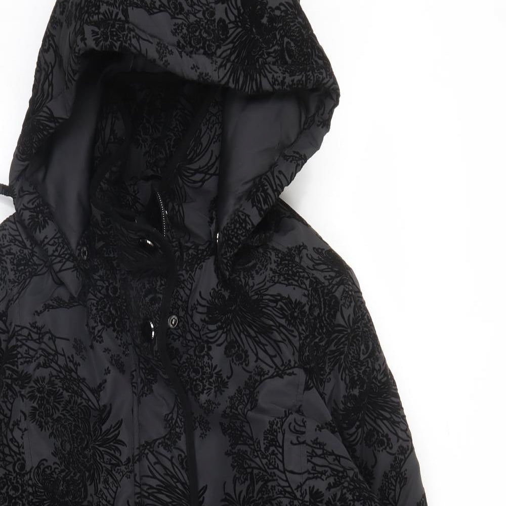 Finesse Womens Black Floral  Parka Coat Size 10