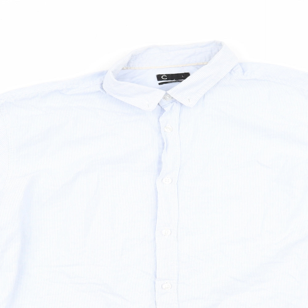 Cubas AS Mens Blue Striped   Button-Up Size L  - Buttoned Collar - Fine stripe
