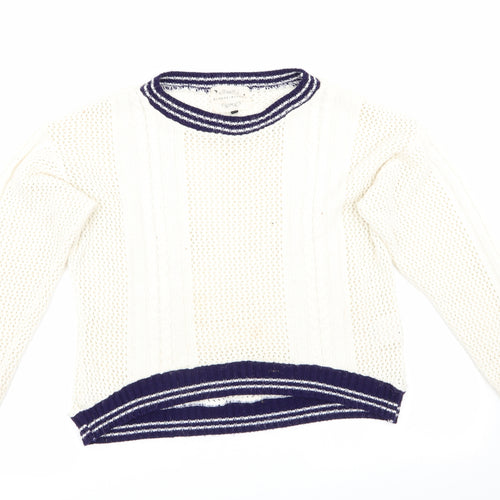 Blonde & Blonde  Womens Ivory   Pullover Jumper Size 14  - Cable & Open Knit Blue Neck Hem Cuff Trim