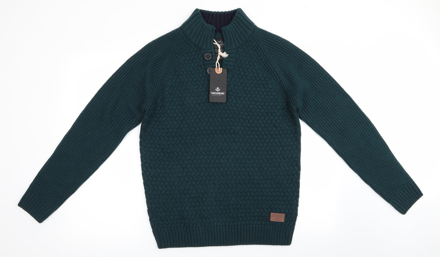 Threadbare Mens Green Herringbone  Pullover Jumper Size M  - Collared