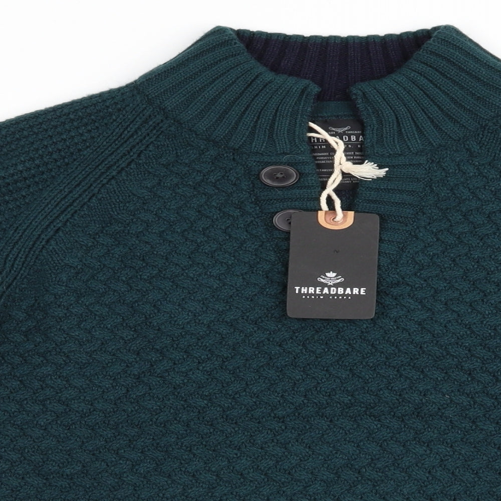 Threadbare Mens Green Herringbone  Pullover Jumper Size M  - Collared
