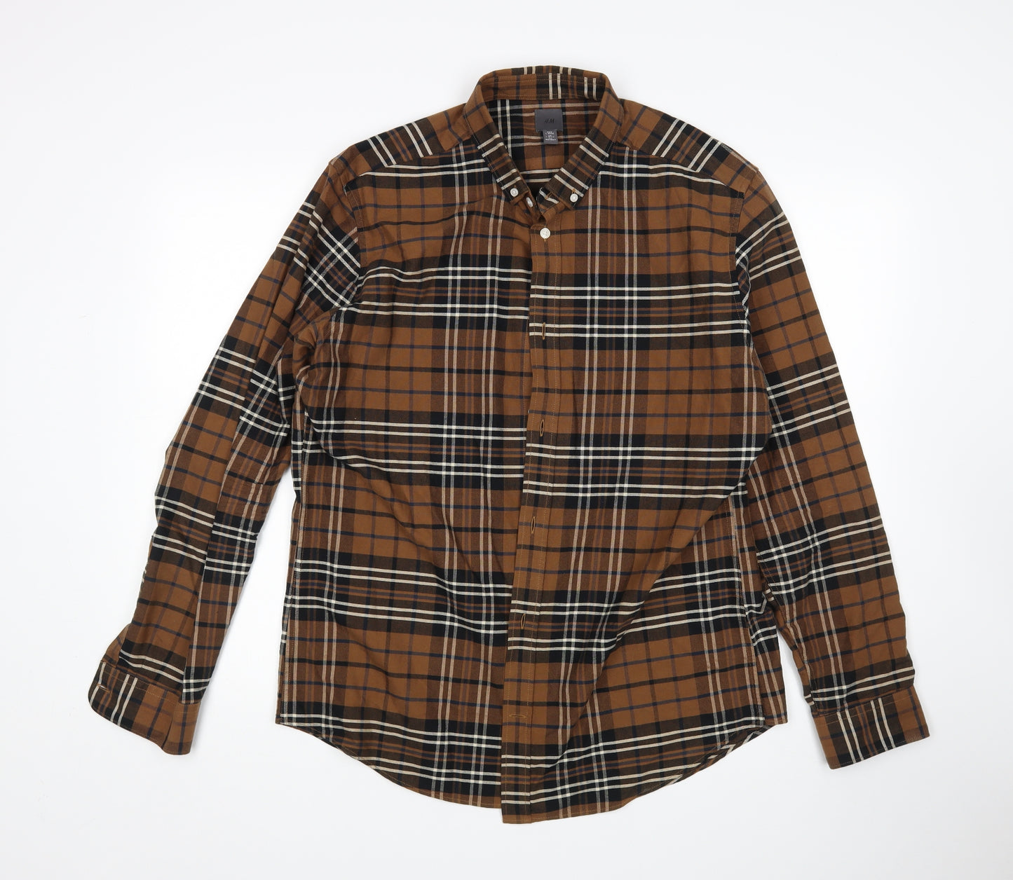 H&M Mens Brown Plaid   Button-Up Size L