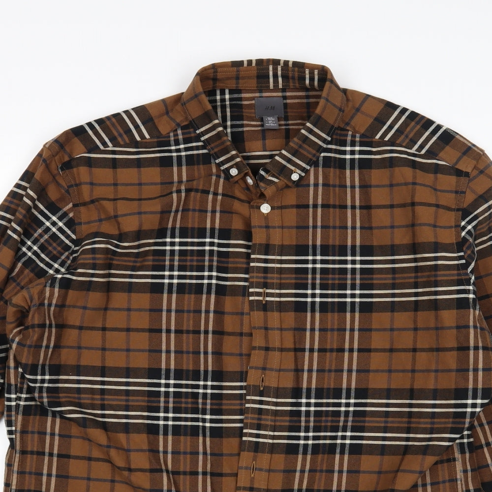H&M Mens Brown Plaid   Button-Up Size L
