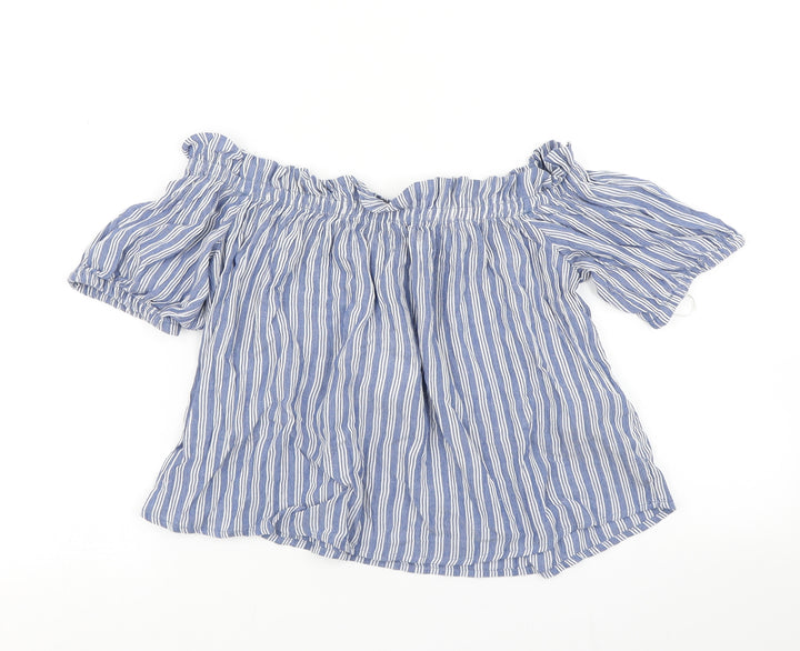 Bershka Womens Blue Striped Cropped T-Shirt Size S
