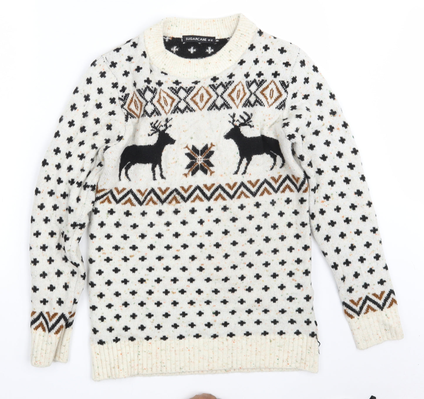 Sugar Cane Womens Ivory Argyle/Diamond Knit Pullover Jumper Size 12