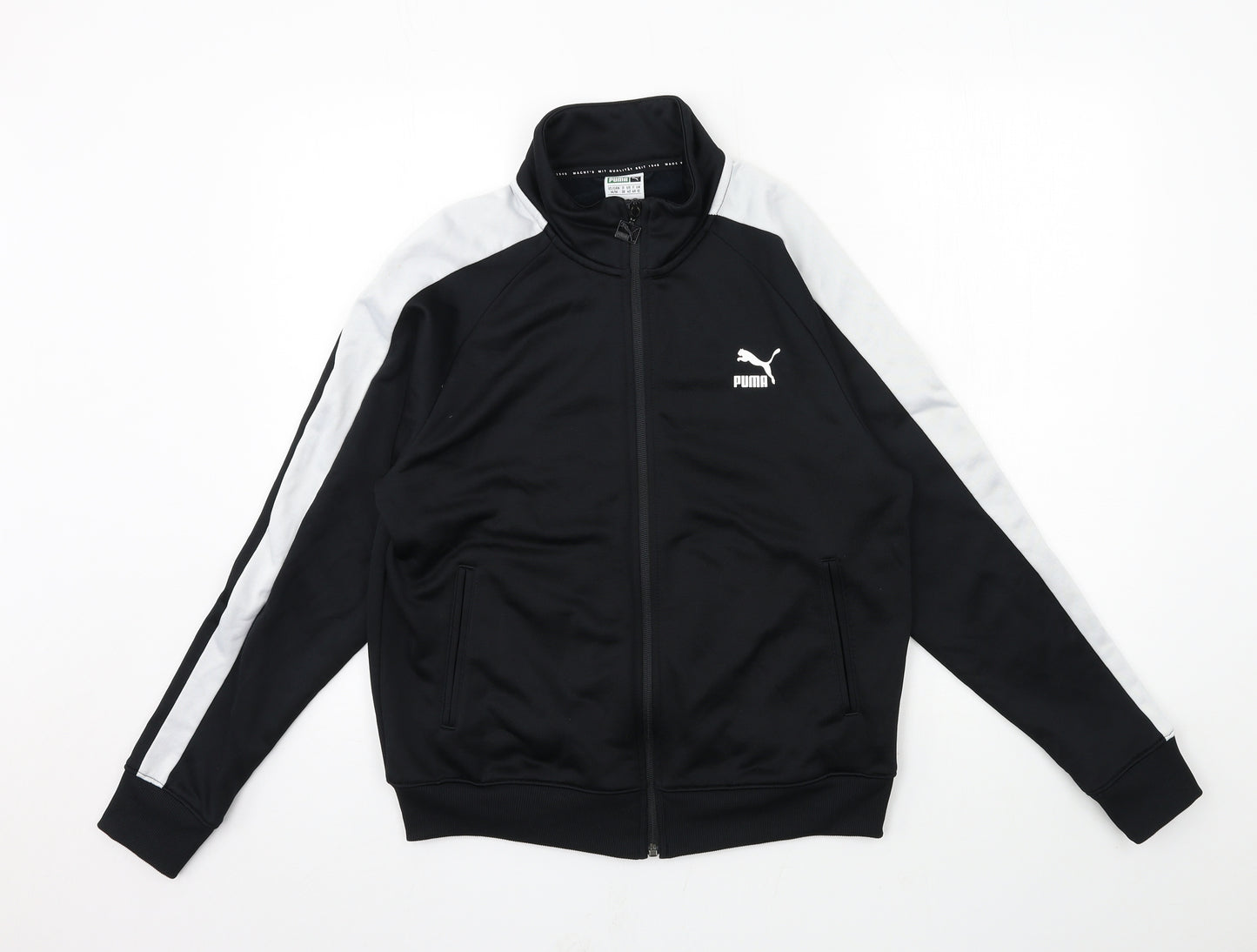 PUMA Womens Black Striped Jersey Full Zip Sweatshirt Size 12