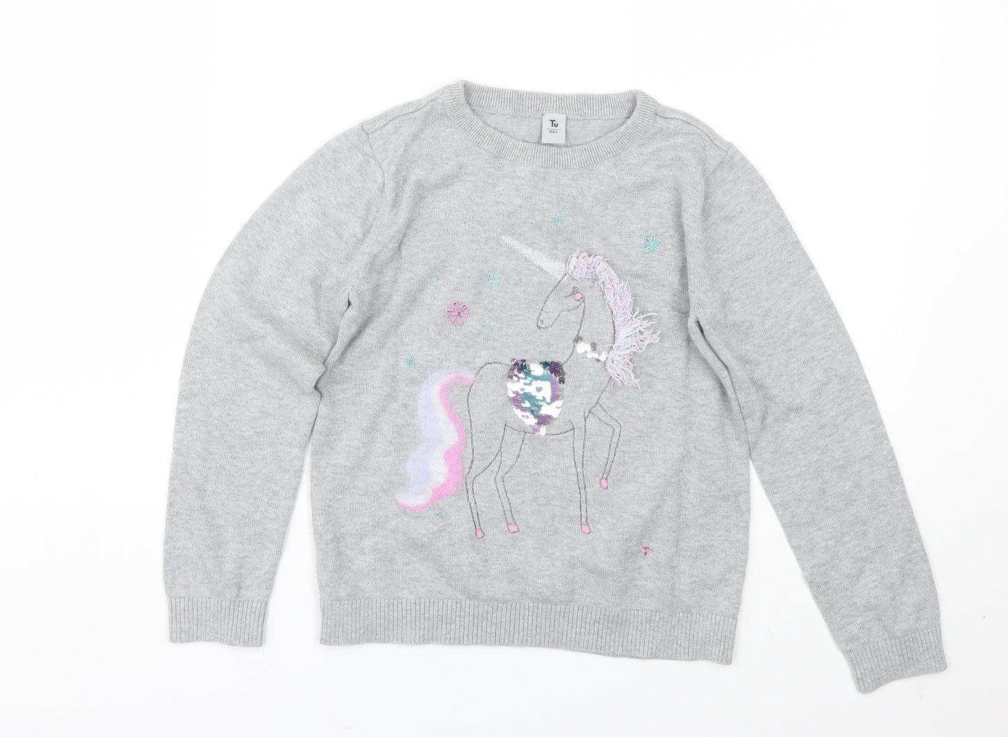 TU Girls Grey   Pullover Jumper Size 9 Years  - unicorn