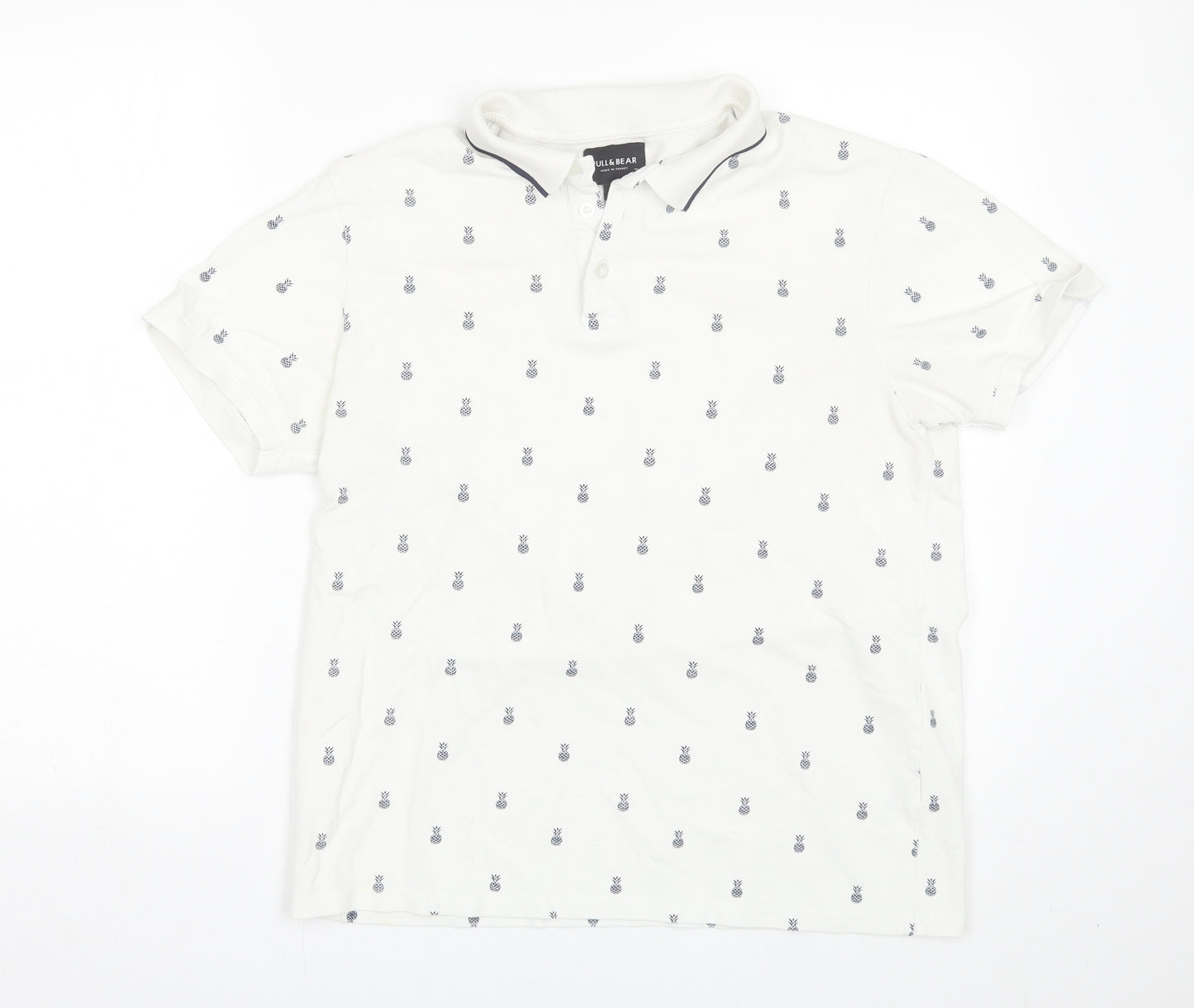 Pull&Bear Mens White Polka Dot   Polo Size M  - Pineapple