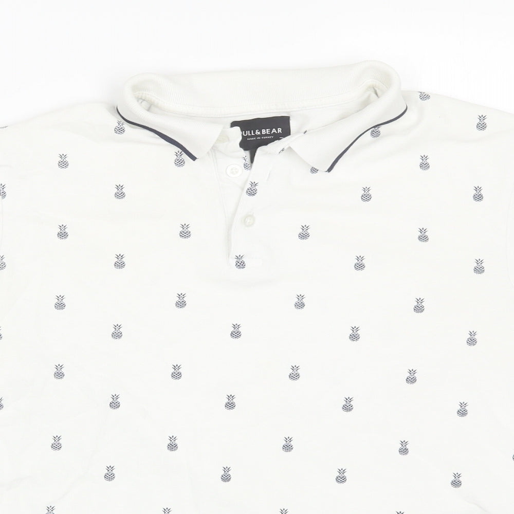 Pull&Bear Mens White Polka Dot   Polo Size M  - Pineapple