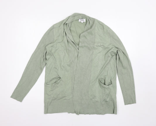 Front view of Eleven women’s green cardigan jumper, size M