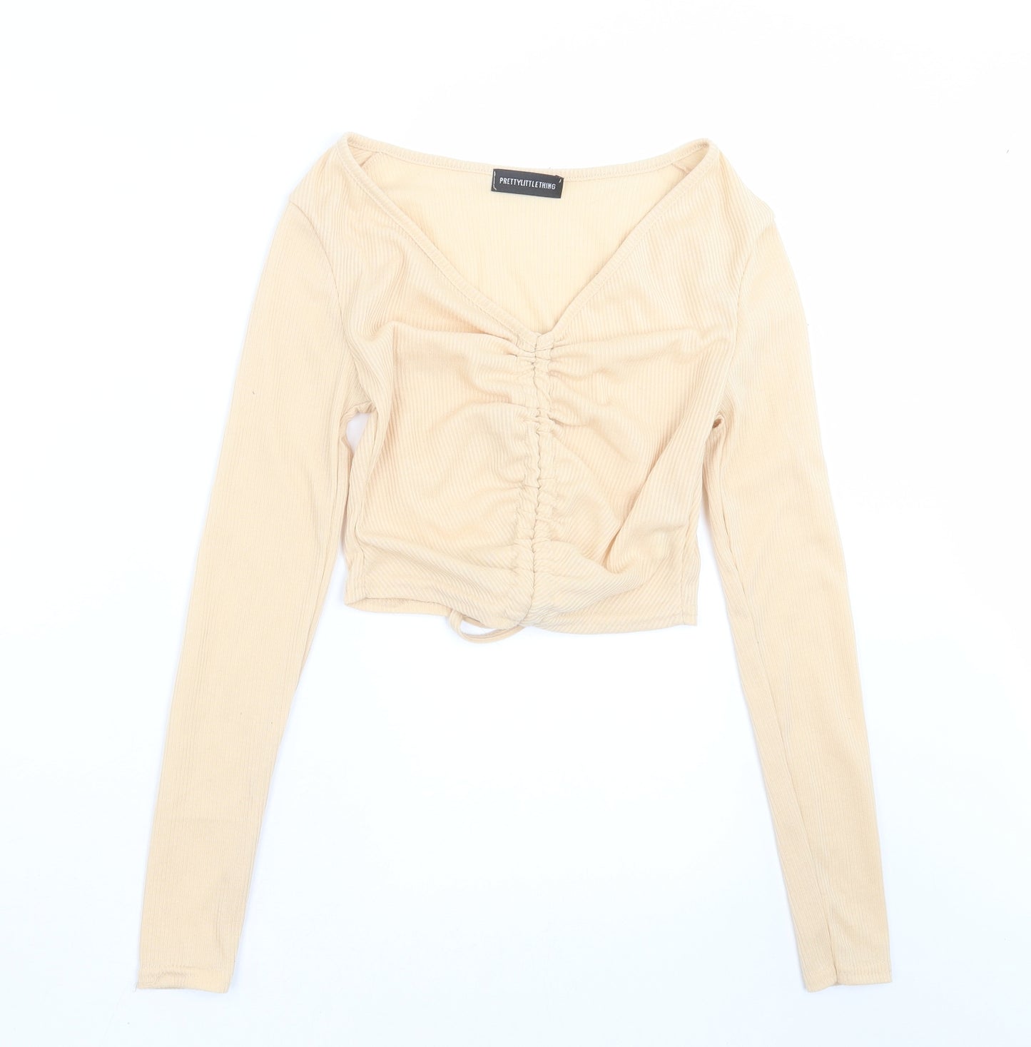 PRETTYLITTLETHING Womens Beige   Cropped T-Shirt Size 8  - ruched