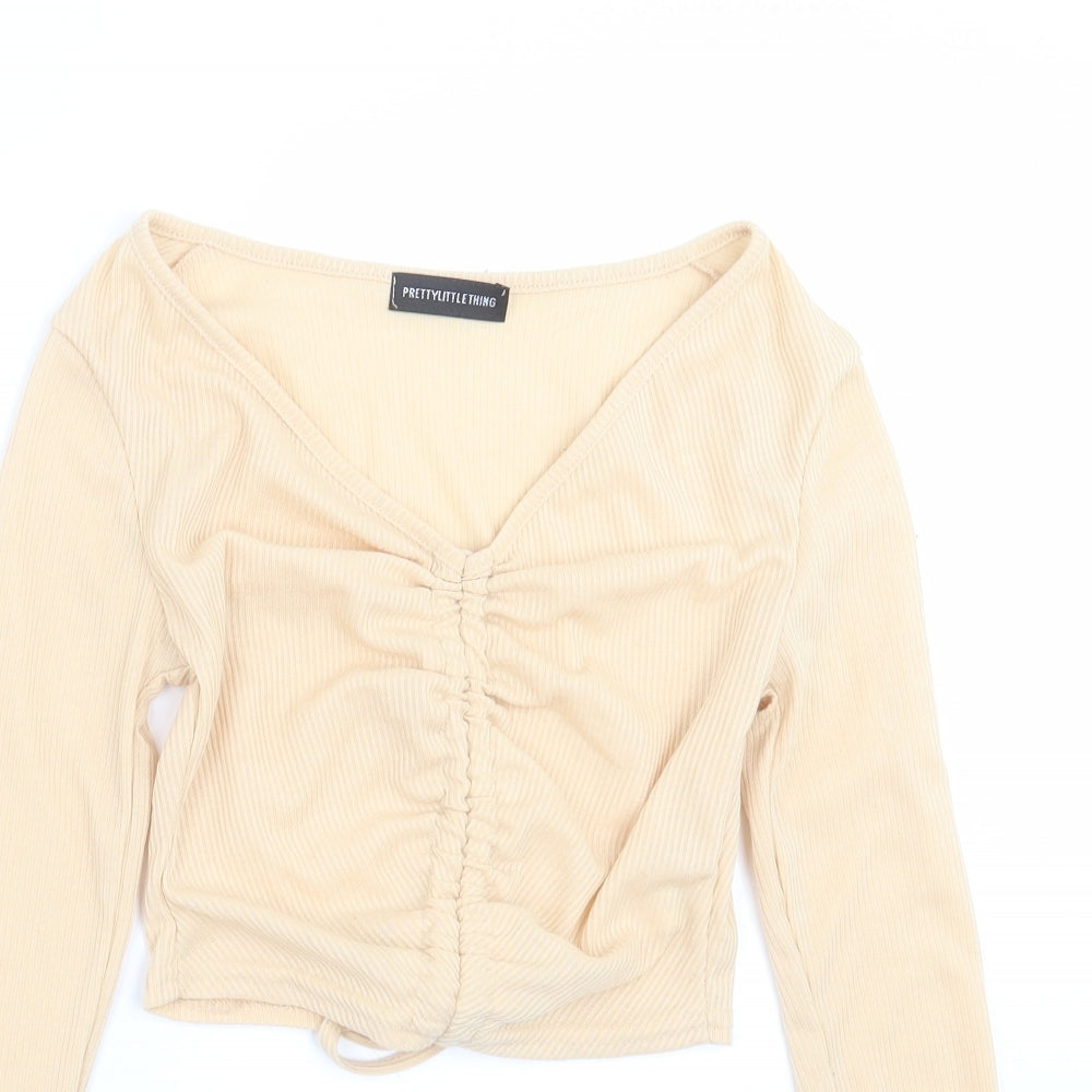 PRETTYLITTLETHING Womens Beige   Cropped T-Shirt Size 8  - ruched