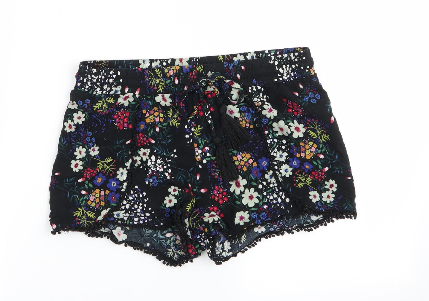 Atmosphere Womens Black Floral  Paperbag Shorts Size 8 - White red pink blue orange yellow flowers