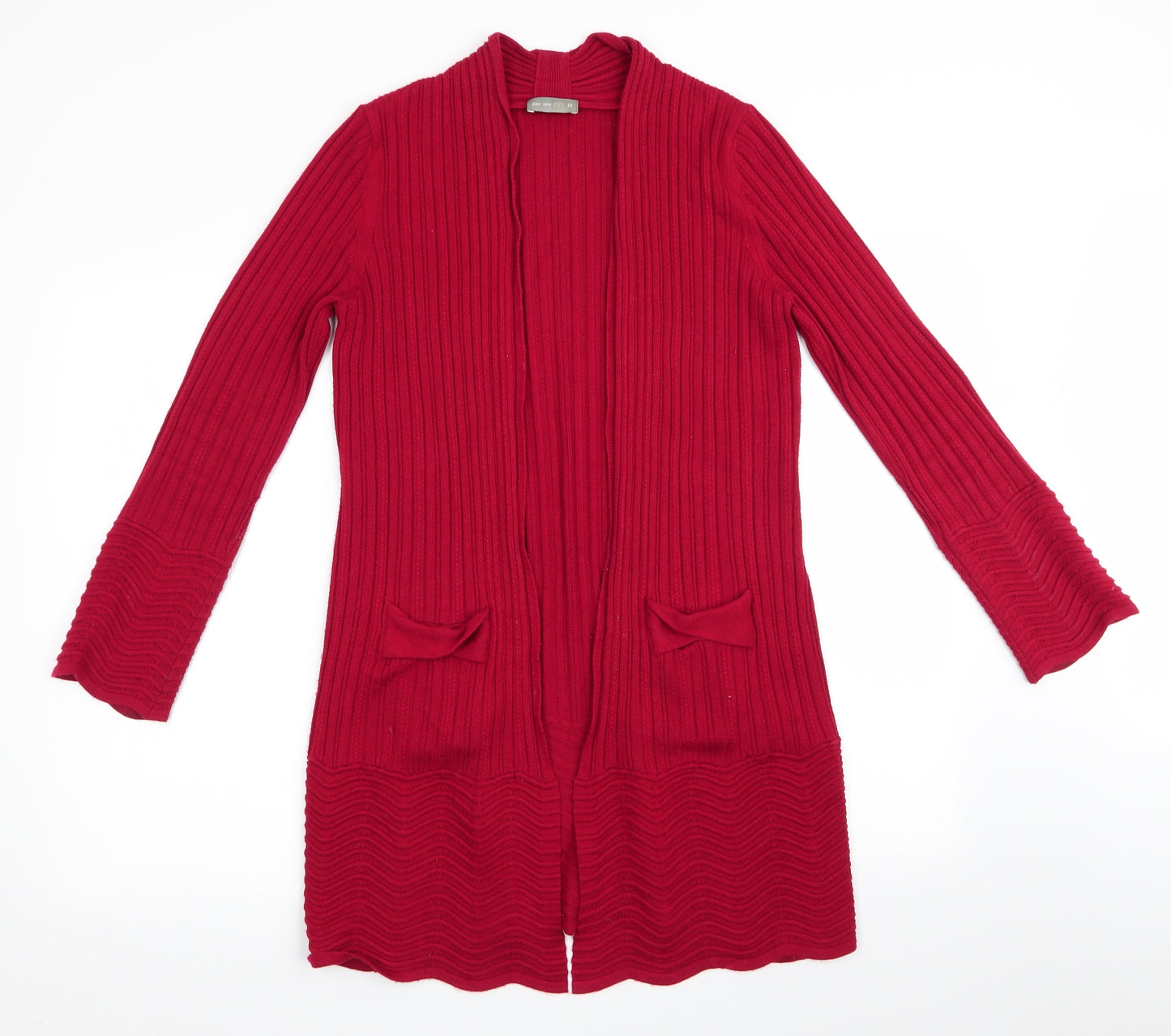 Per Una Womens Red Striped  Cardigan Jumper Size 10  - Scalloped hemline Longline