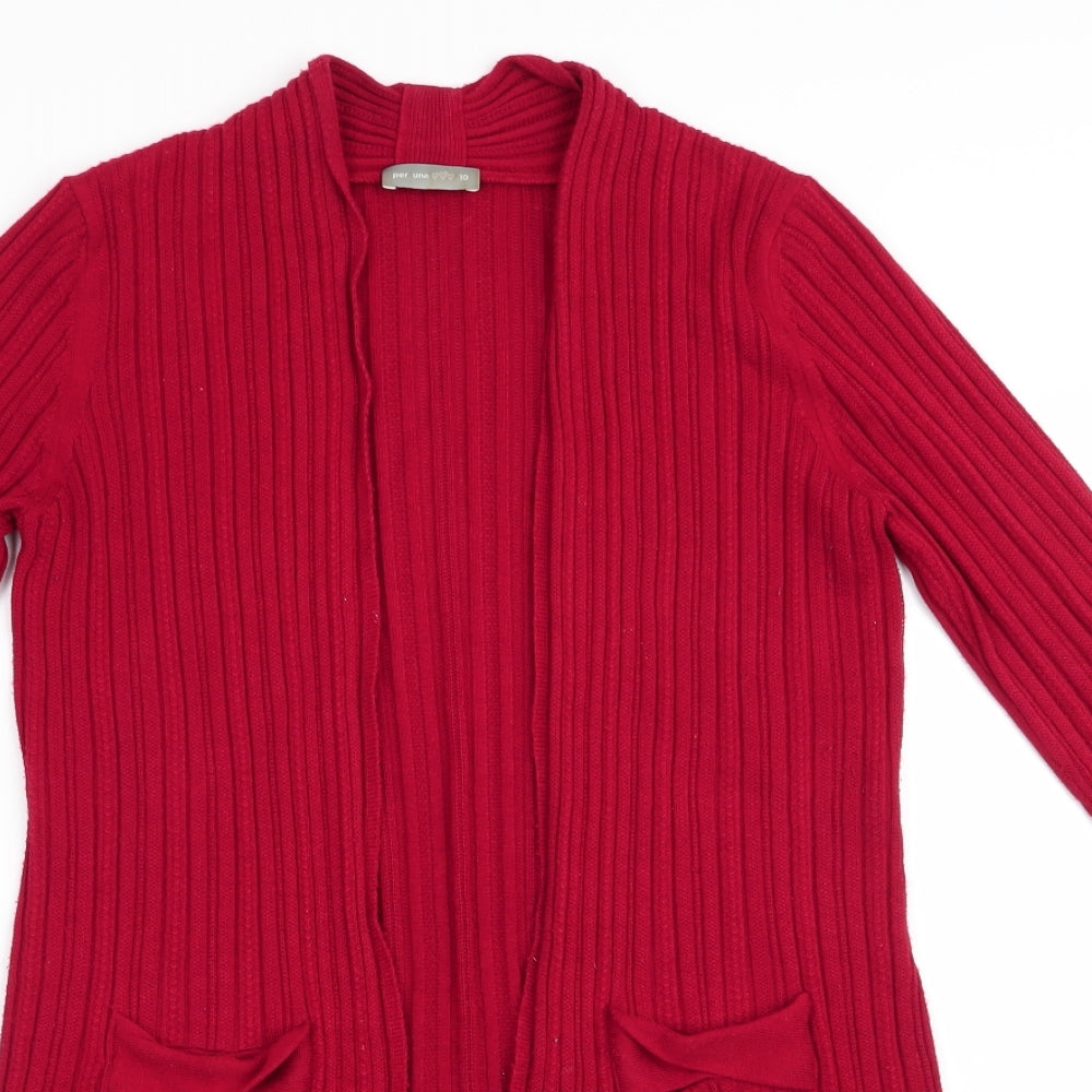 Per Una Womens Red Striped  Cardigan Jumper Size 10  - Scalloped hemline Longline