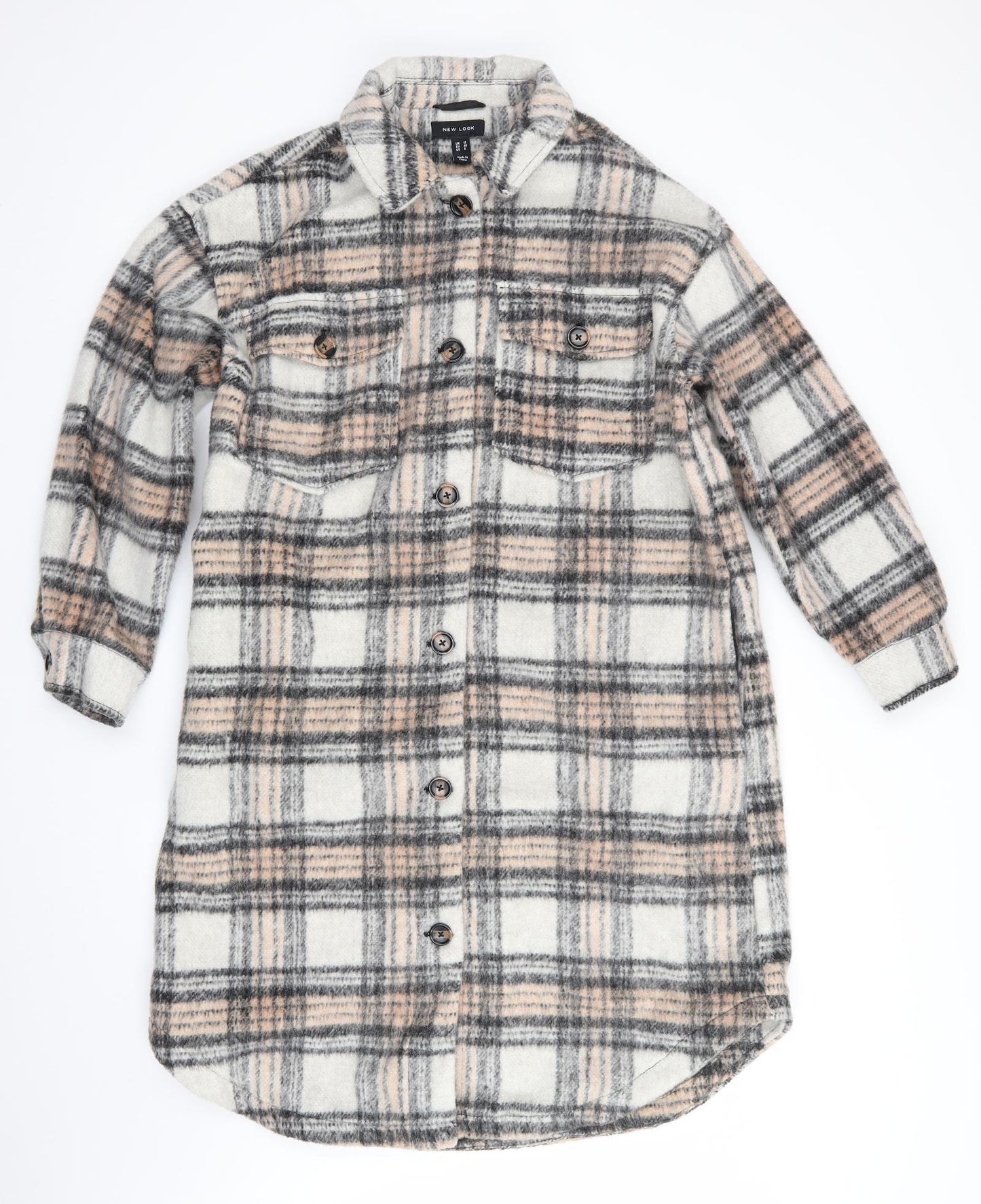 New Look Womens Ivory Check  Overcoat Coat Size 12  - Ivory Beige Black Checks Shirt like style