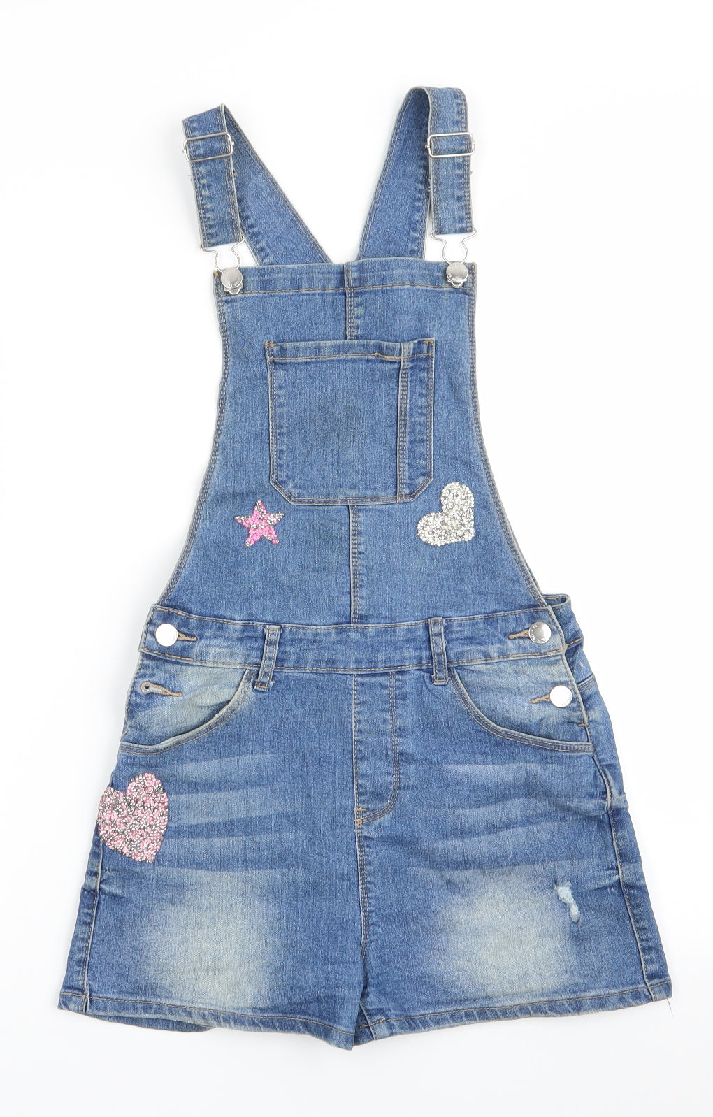 Denim & Co Girls Blue   Dungaree One-Piece Size 13-14 Years  - Shorts Distressed Beaded hearts & star