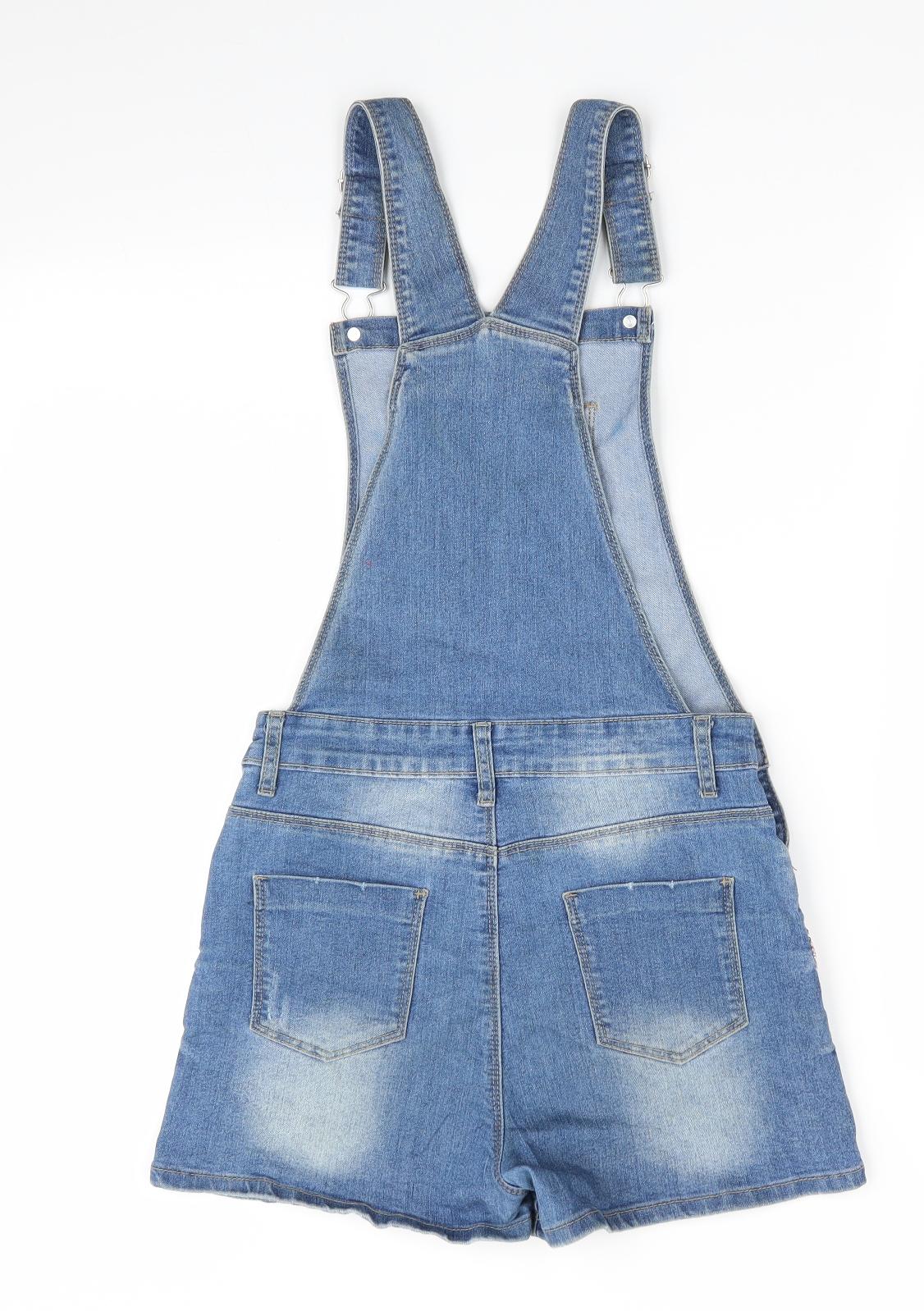 Denim & Co Girls Blue   Dungaree One-Piece Size 13-14 Years  - Shorts Distressed Beaded hearts & star