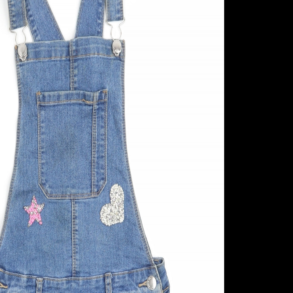 Denim & Co Girls Blue   Dungaree One-Piece Size 13-14 Years  - Shorts Distressed Beaded hearts & star