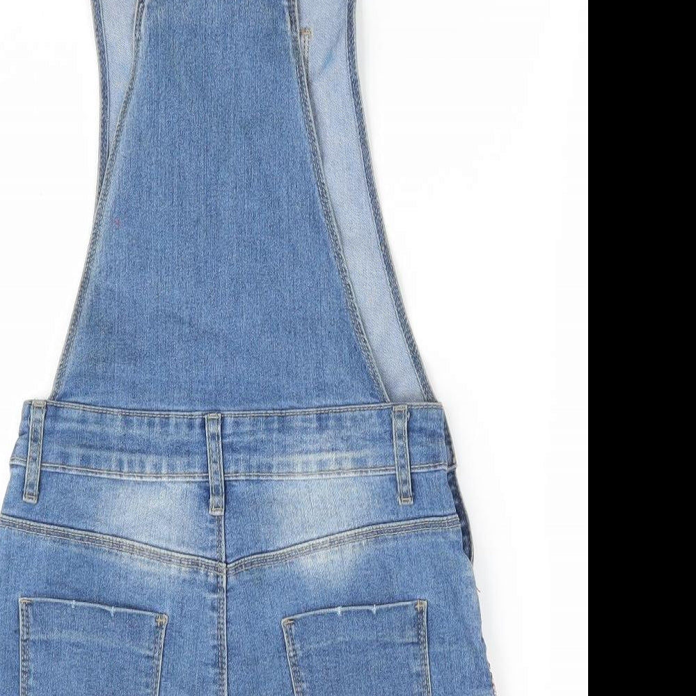 Denim & Co Girls Blue   Dungaree One-Piece Size 13-14 Years  - Shorts Distressed Beaded hearts & star