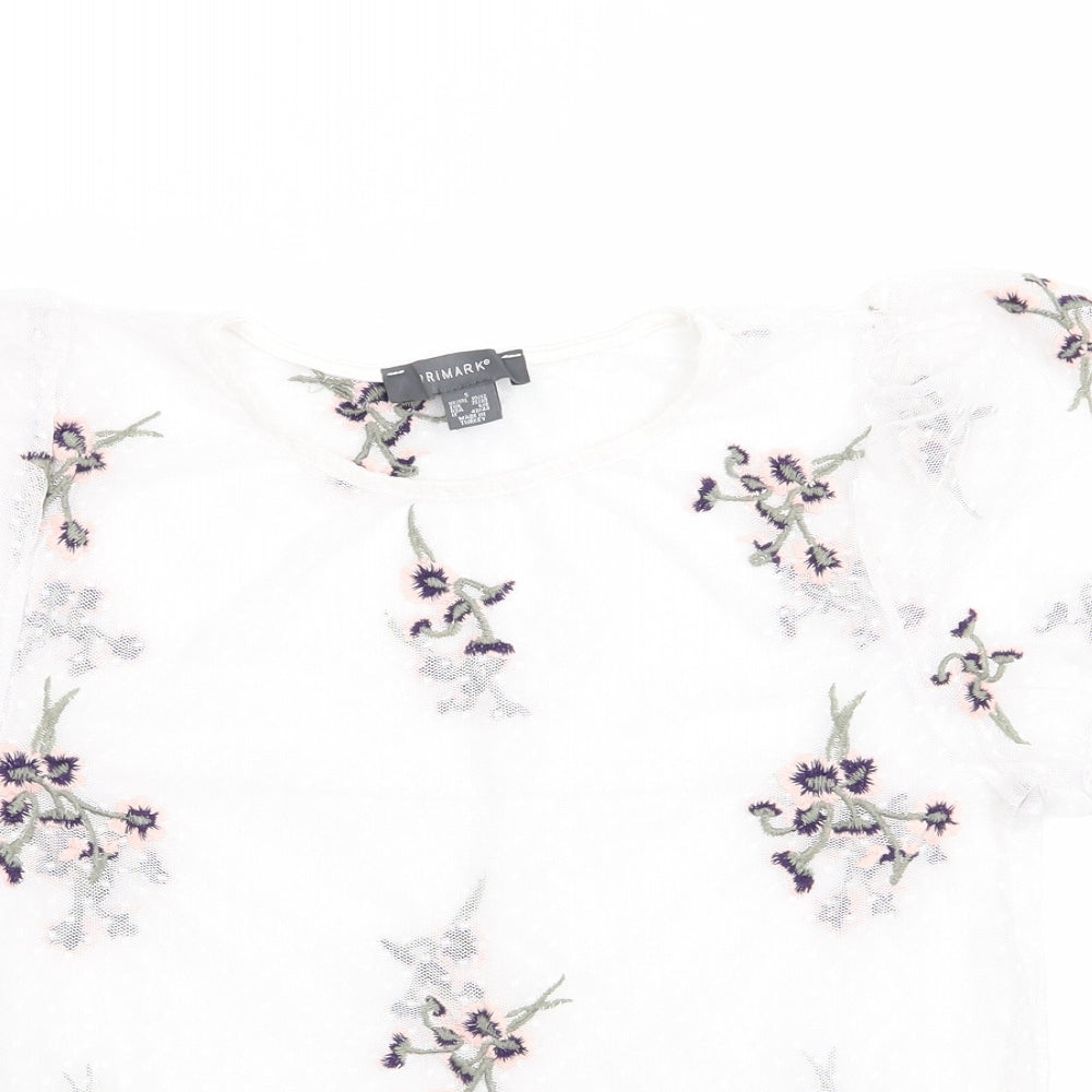 Primark Womens White Floral  Basic Blouse Size S  - Polka Dot Mesh Pink Flowers