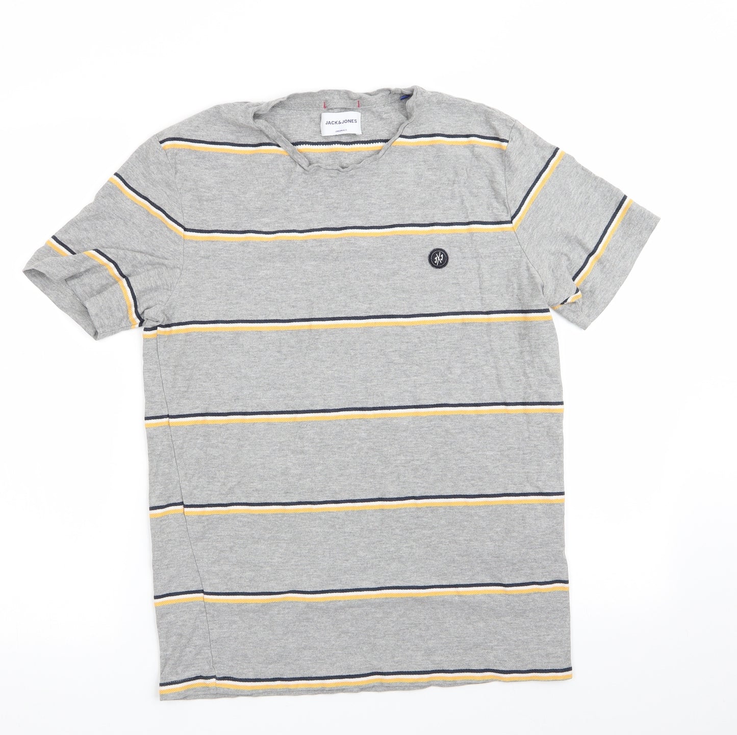 JACK & JONES Mens Grey Striped   T-Shirt Size S  - Black Yellow White Stripes